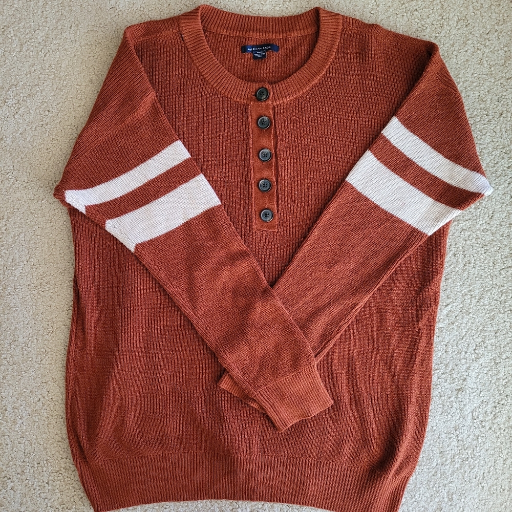 American Eagle S sweater, copper color with 2 white stripes on each sleeve